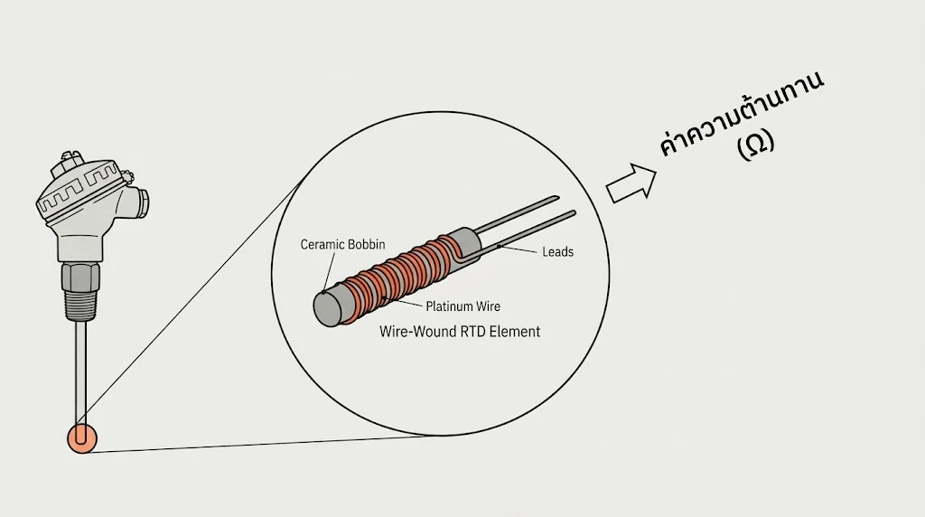 โครงสร้างภายใน RTD แบบ Wire-Wound ขดลวดแพลทินัมพันรอบแกนเซรามิก ให้สัญญาณเป็นค่าความต้านทาน