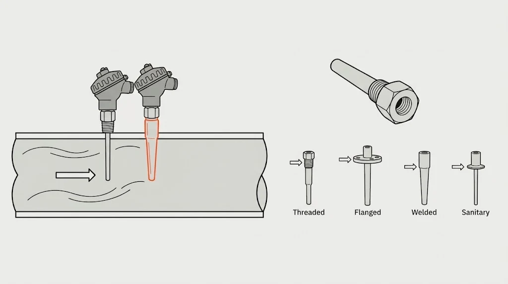 การติดตั้งเซนเซอร์อุณหภูมิในท่อพร้อม Thermowell และประเภท Threaded, Flanged, Welded, Sanitary